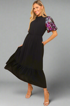 Haptics Black Floral Sequin Puff Sleeve Mock Neck Tiered Maxi Dress Haptics