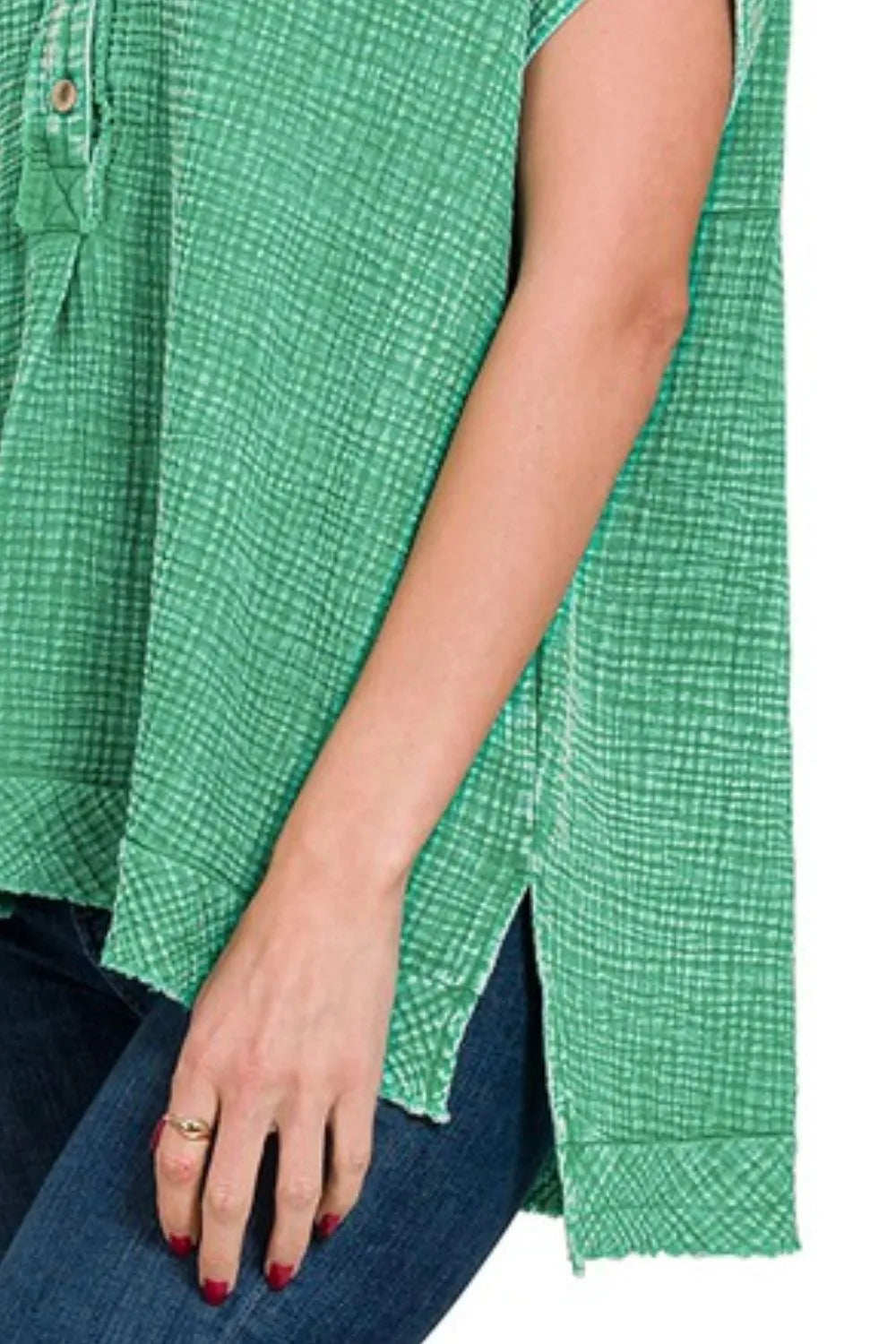 Zenana Kelly Green Washed Double Gauze 3/4 Button Henley Neck Shirt