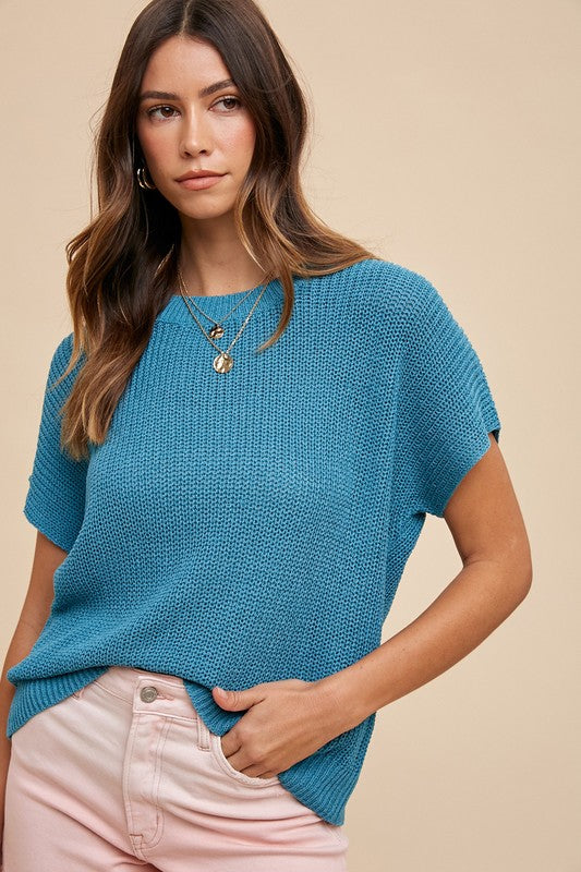 Annie Wear Cerulean Round Neck Short Sleeve Sweater