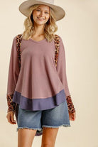 Umgee Dusty Pink Leopard High-Low Dolman Sleeve Waffle Knit Top