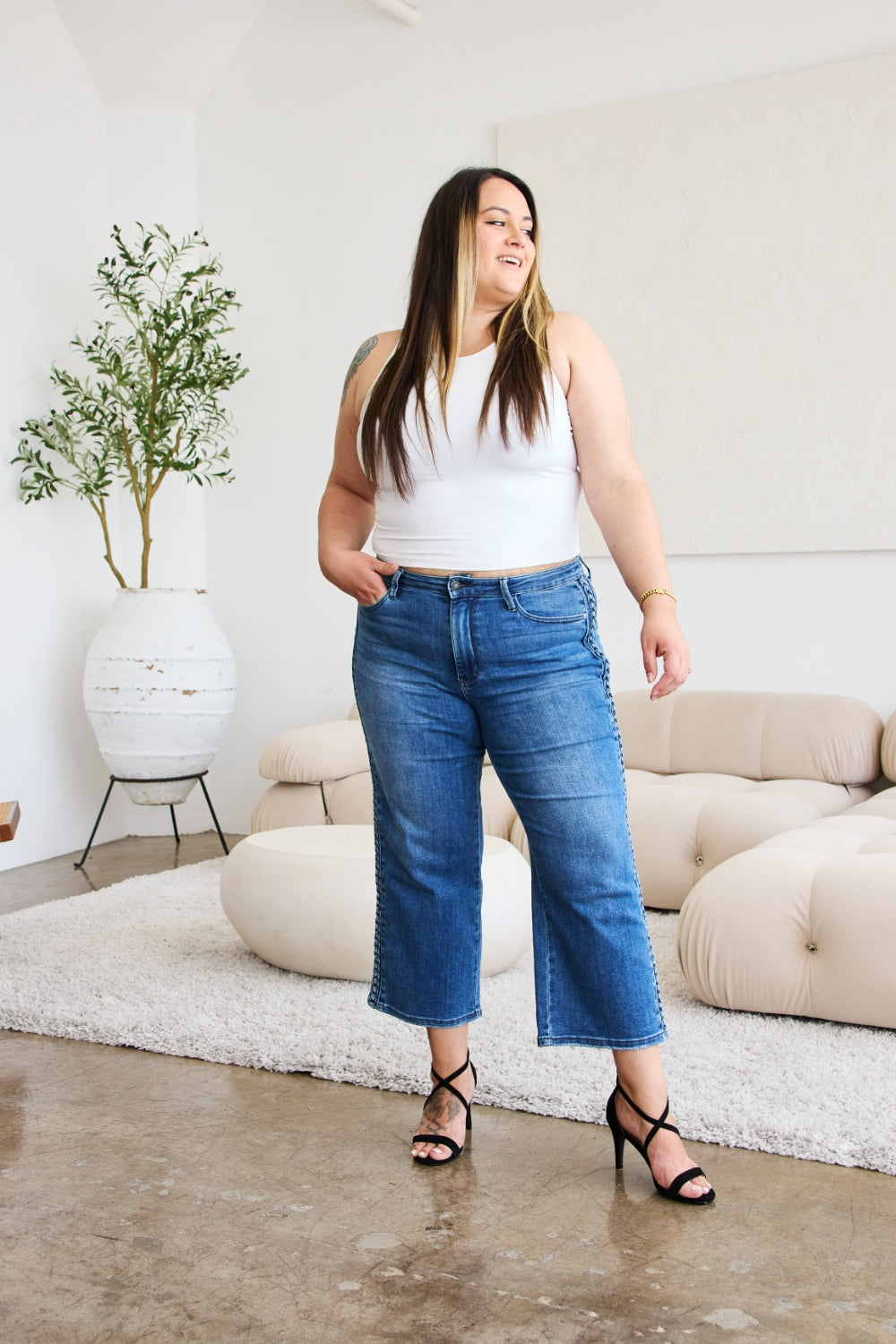 Judy Blue Braid Side Detail Wide Leg Jeans Trendsi