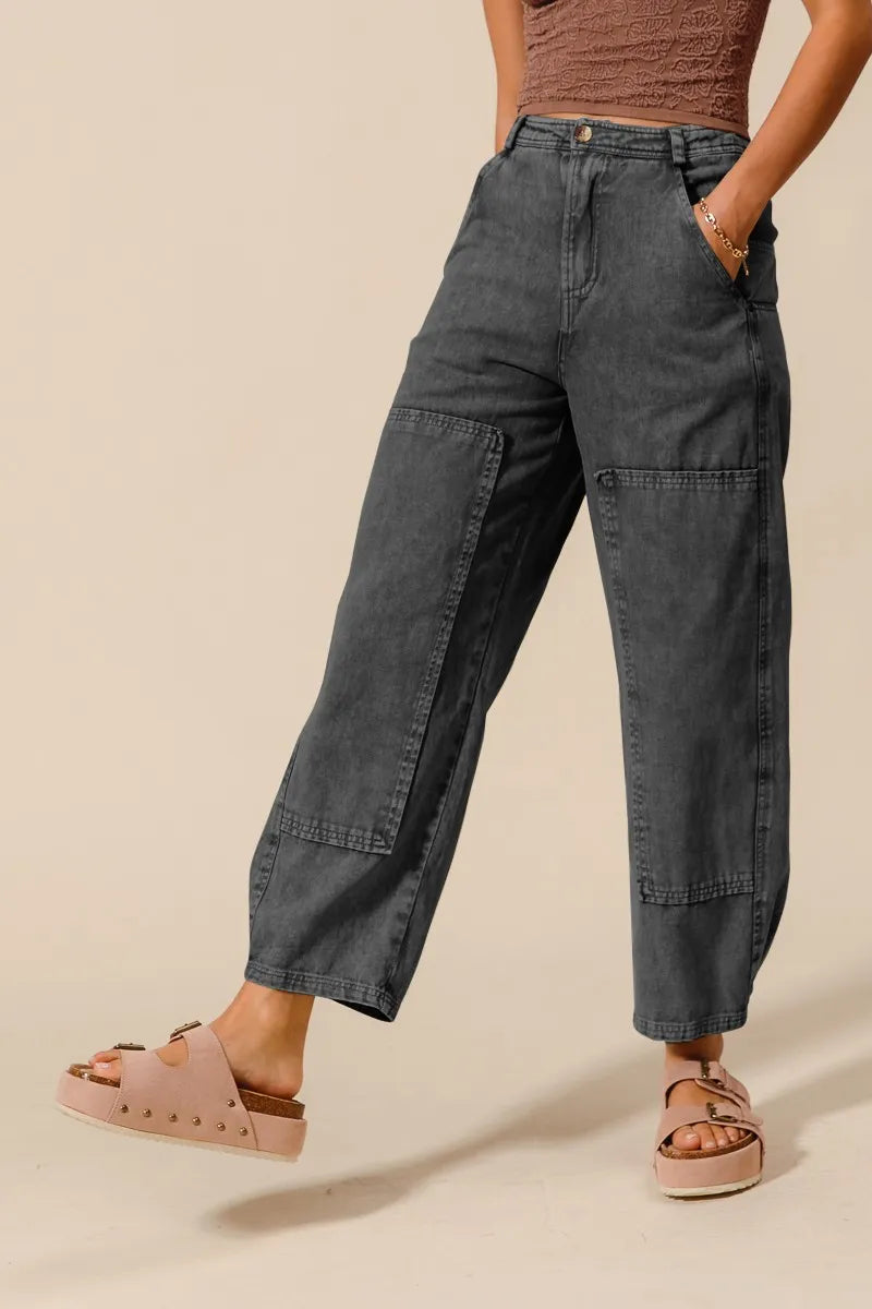 SO ME Charcoal Black Mineral Washed Mid Rise Barrel Shape Pants CHARCOAL BLACK