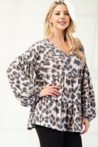 Celeste Leopard V-Neck Balloon Tiered Sleeve Blouse Shirts & Tops