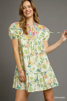 Umgee Floral Print Tie Neck Puff Sleeve Dress GREEN MIX