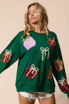 BiBi Green Sequin Christmas Gift Box Embroideries Pullover