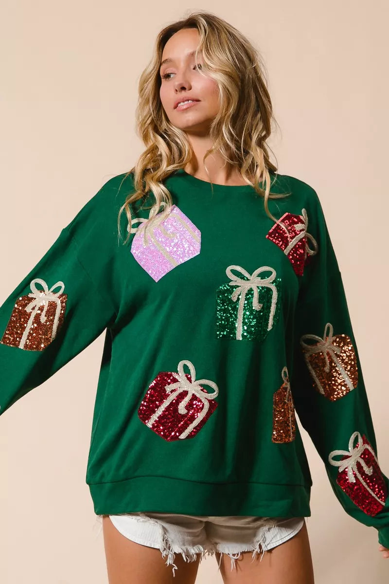 BiBi Green Sequin Christmas Gift Box Embroideries Pullover