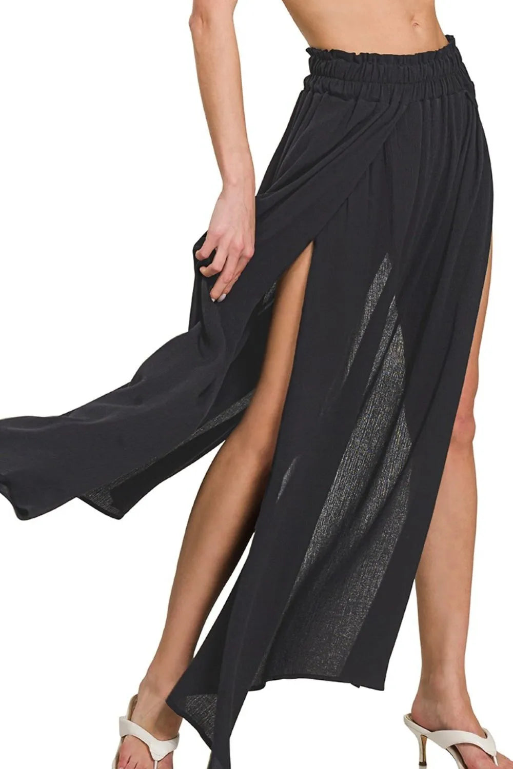 Zenana Black Woven Crinkle Gauze Long Skirt BLACK