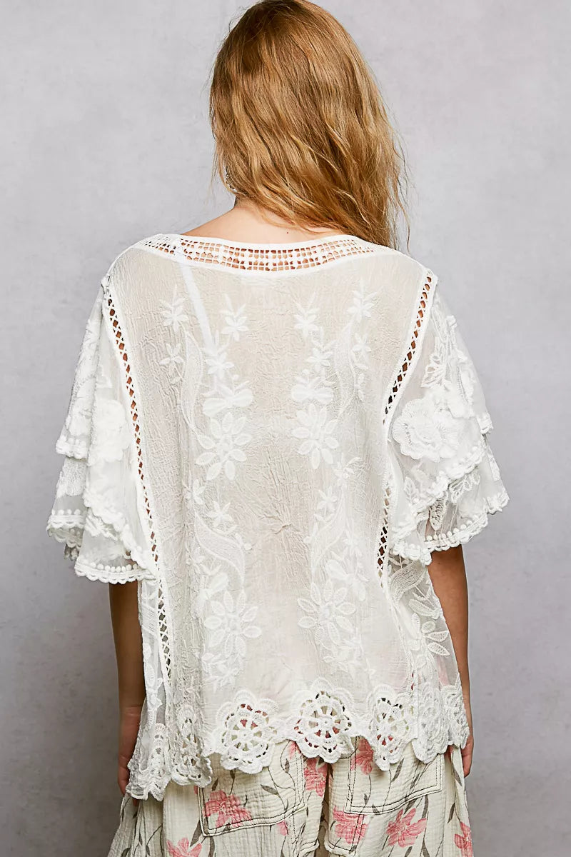 POL Off White Floral Crochet V-Neck Short Sleeve Blouse with Scalloped Hem