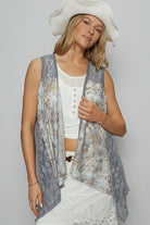 POL Lace Patchwork Floral Open Front Sleeveless Cardigan in Gray Gray