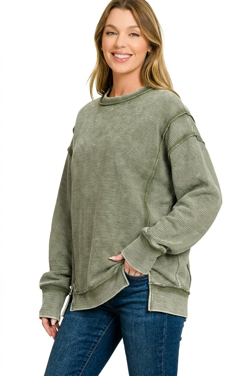 Zenana Dark Green Acid Washed Double Ribbed Exposed-Seam Sweatshirt
