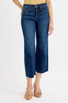 RISEN Dark Washed Tummy Control High Rise Raw Hem Cropped Wide Leg Jeans DARK