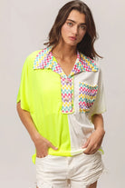 BiBi Neon Yellow Color Block Knit with Multi Checker Contrast Top
