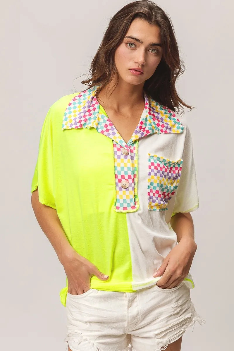BiBi Neon Yellow Color Block Knit with Multi Checker Contrast Top