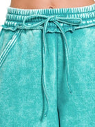 Zenana Light Teal Acid Wash Fleece Drawstring Shorts With Pockets
