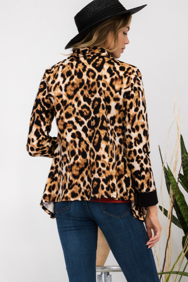 Celeste Leopard Open Front Long Sleeve Blazer Trendsi