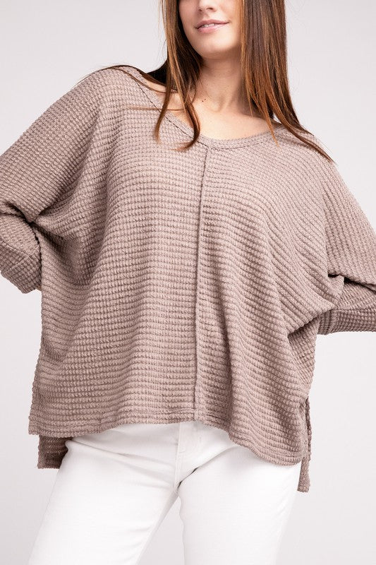Zenana 3/4 Sleeve V-Neck Hi-Low Hem Jacquard Sweater LT MOCHA ZENANA