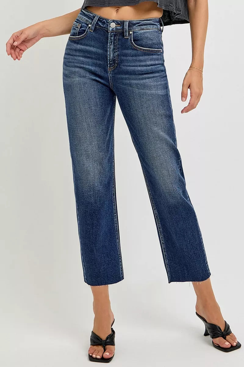 RISEN Dark Washed High Rise Slim Barrel Jeans