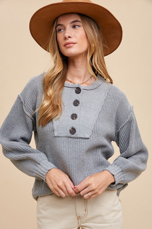 Annie Wear Gray Half Button Ribbed Hem Sweater Gray