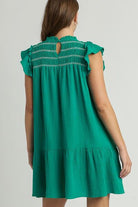 Umgee Jade Green Smocked Contrast Stitching Ruffle Cap Sleeve Round Neck Dress P