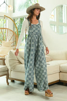 BiBi Denim Washed Vintage Checker Wide Legs Overalls