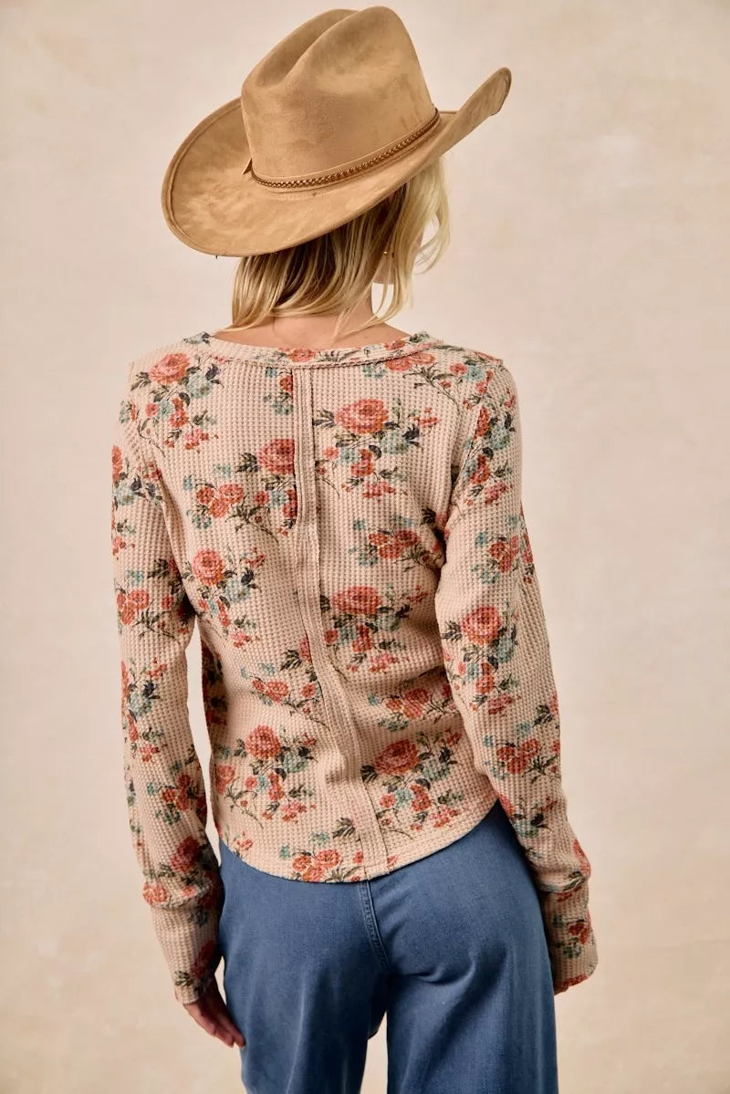 BiBi Taupe Floral Print Washed Waffle Thermal Top with Thumb