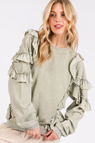 Mittoshop Sage Ruffled Mineral Washed Round Neck Long Sleeve Sweatshirt