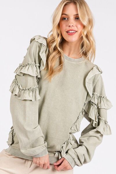 Mittoshop Sage Ruffled Mineral Washed Round Neck Long Sleeve Sweatshirt