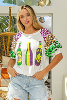 BiBi Sequin Mardi Gras Bottles Spangled Sleeve Top