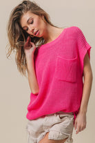 BiBi Fuchsia Patch Pocket Short Sleeve Sweater Trendsi