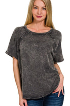 Zenana Ash Black Back Patch Crinkle Washed Raglan Sleeve T-Shirts
