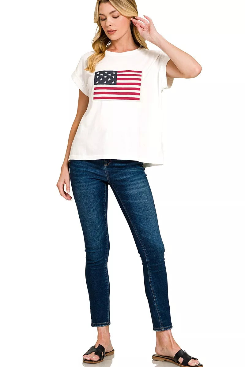 Zenana White US Flag Round Neck Short Sleeve T-Shirt Plus Size