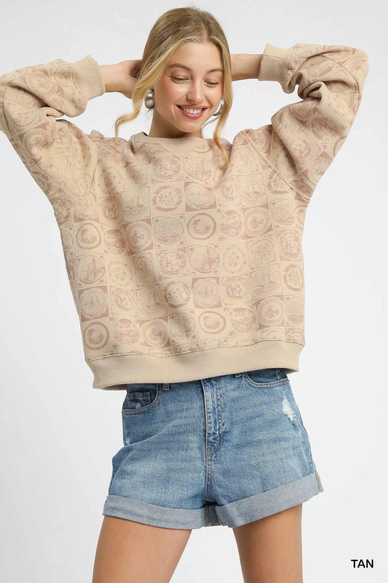 Umgee Tan Coin Stamp Print Sweatshirt TAN