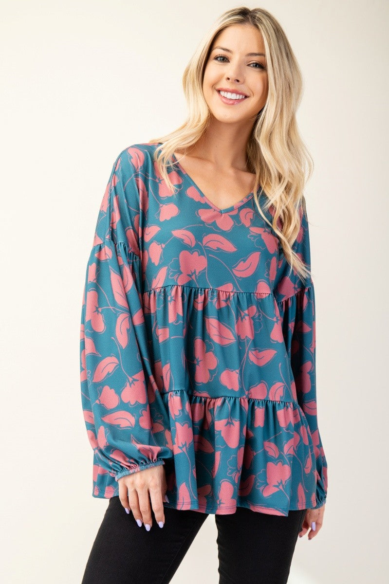 Celeste Teal Tiered Floral V-Neck Long Sleeve Blouse