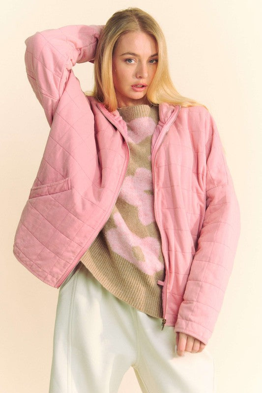 Davi & Dani Dusty Rose Washed Quilted Zip Up Dropped Shoulder Jacket Dusty Rose Coats & Jackets