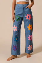 BiBi Flower Print Straight Legs Denim Pants DENIM