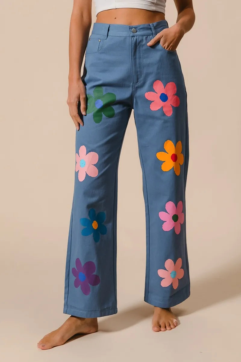 BiBi Flower Print Straight Legs Denim Pants DENIM