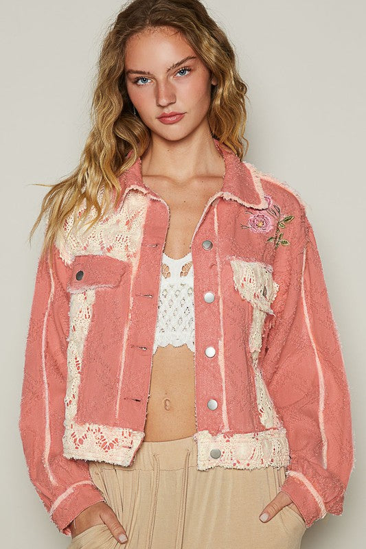 POL Pink Multi Crochet Patch Embroidered Button Up Jacket Coats & Jackets