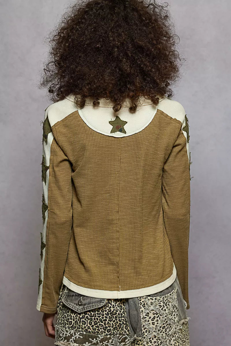 POL Olive Round Neck Long Sleever T-Shirt with Star Patch