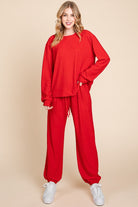 Super Lady Red Crinkle Check Textured Round Neck Top and Pants Lounge Set Trendsi