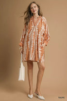 Umgee Taupe Leaf Print Notched Mini Babydoll Dress
