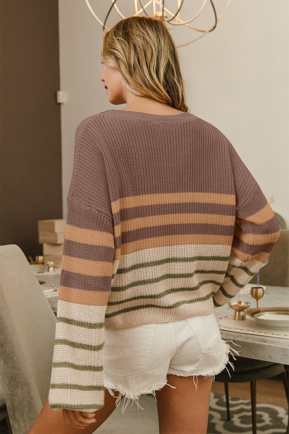 BiBi Mocha Color Block Striped Long Sleeve Sweater Trendsi