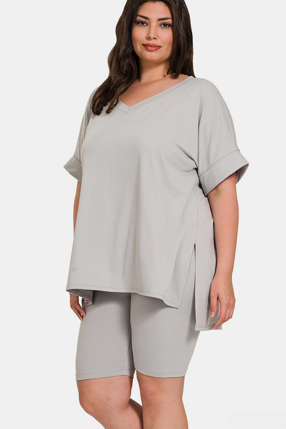 Zenana Full Size V-Neck Short Sleeve Slit T-Shirt and Shorts Set Trendsi