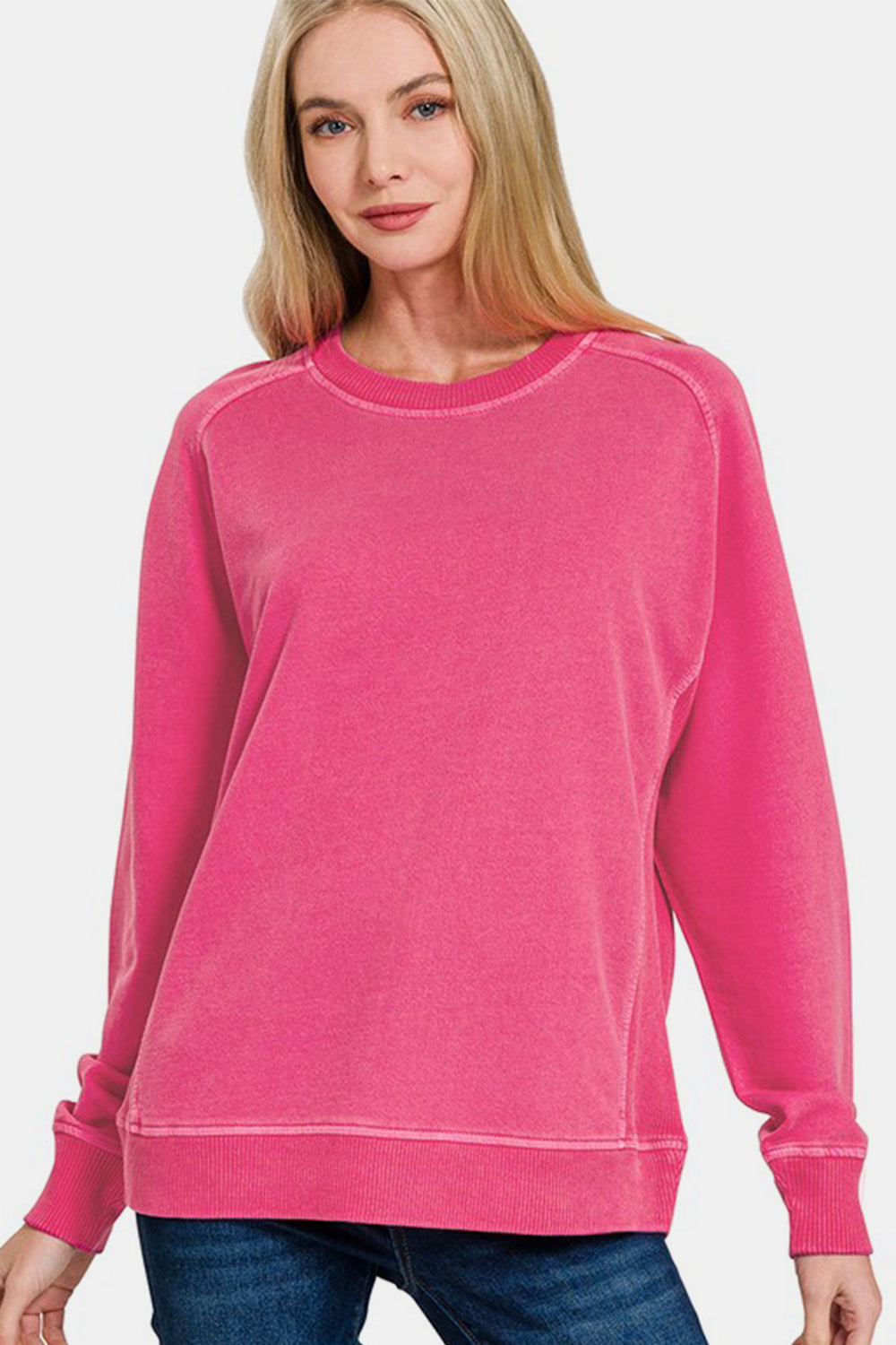 Zenana Hot Pink Pigment & Enzyme Dyed French Terry Sweatshirt Hot Pink Shirts & Tops