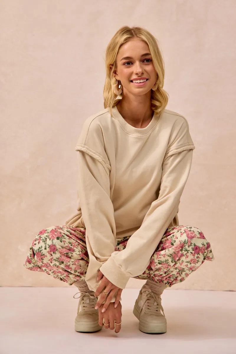 BiBi Cream & Pink Floral Printed Twill Drawstring Pants With Elastic Band