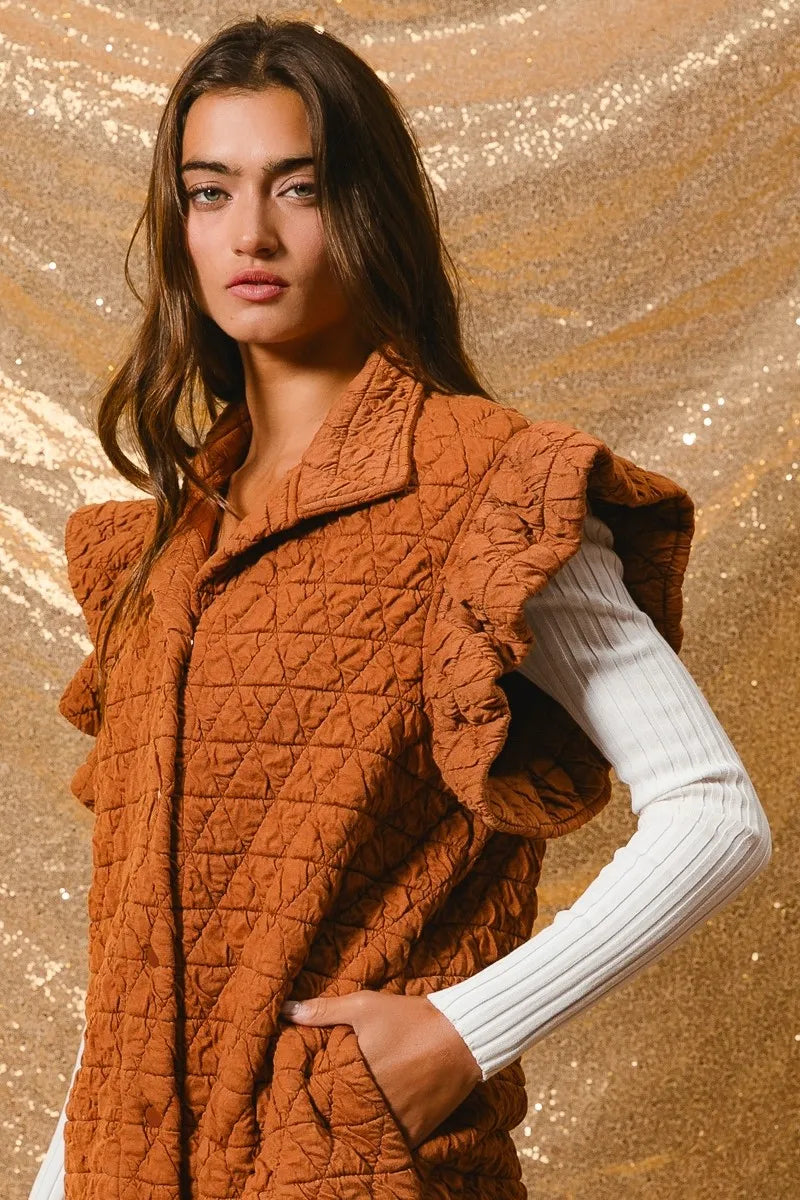 BiBi Rust Quilting Knit Ruffle Sleeve Vest RUST