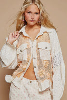 POL Eyelet Flower Pearl Detail Lace Patchwork Shirt in Apricot and Cream Shirts