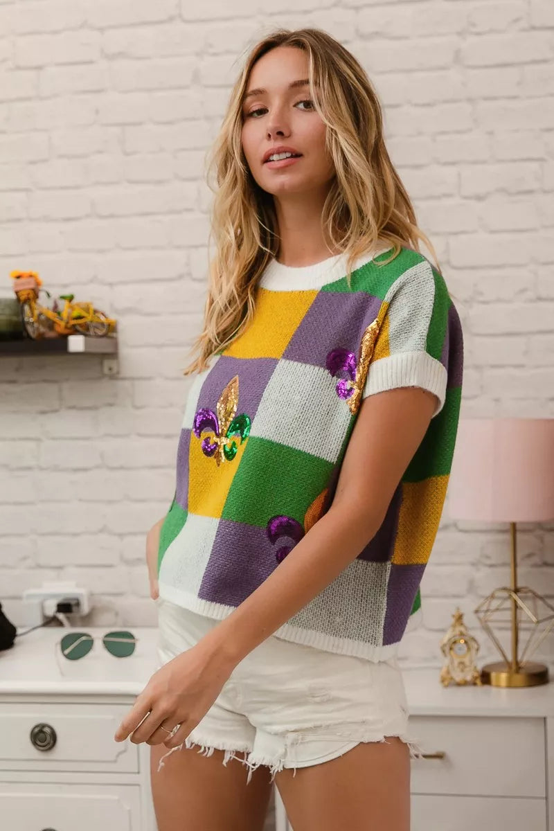 BiBi Sequin Embroidery Mardi Gras Checker Sweater Top