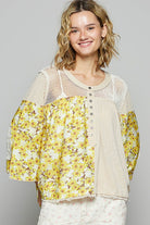 POL Toasted Almond Washed Floral Print Crochet Detail Top TOASTED ALMOND