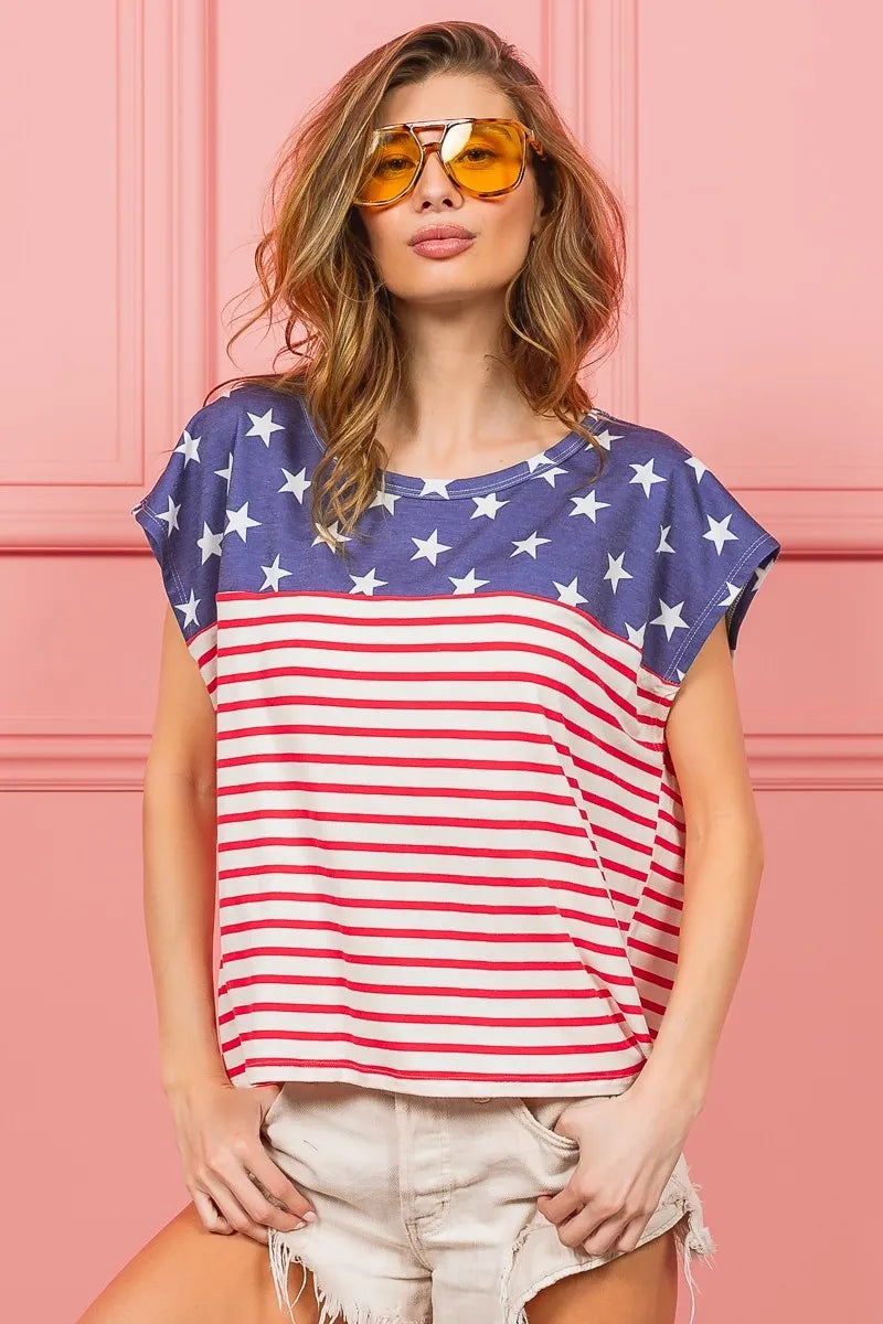 BiBi Star Printed with Stripe Combo Top NAVY STAR RED STRIPE