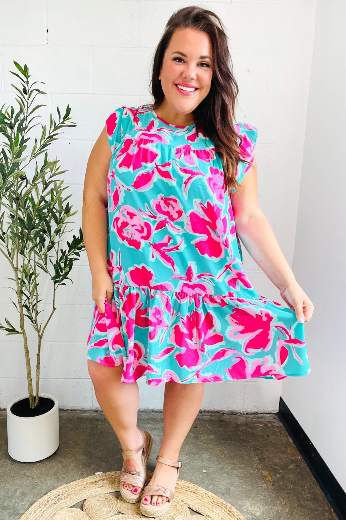 Haptics Diva Dreaming Aqua & Fuchsia Floral Print Tiered Ruffle Sleeve Dress Final Sale Haptics